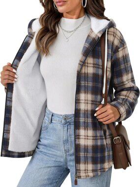 Cozy Women's Plaid Fleece Flannel Jacket with Zipper & Sherpa Hood - Warm Coat